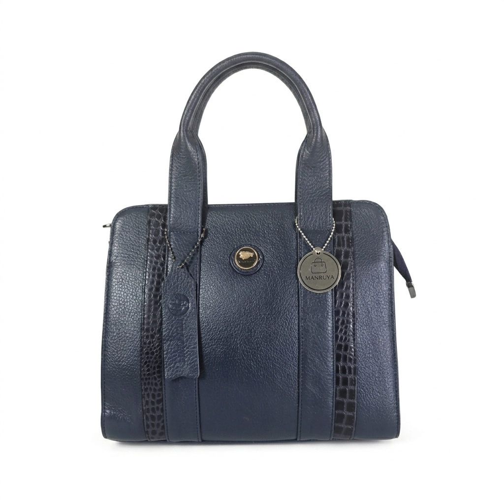 Manruya Navy Blue Leather Handbag | حقيبة مانرويا الجلدية باللون الأزرق الكحلي