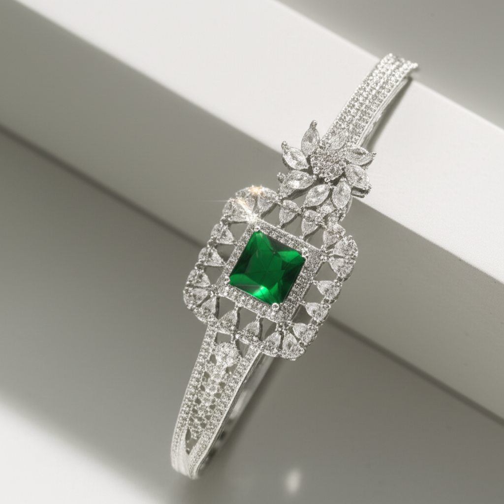 Elegant Silver Green Stone Cubic Zirconia Kada – Party & Festive Collection