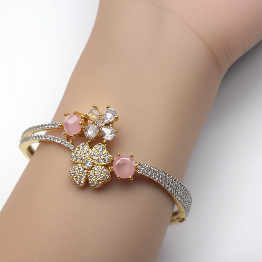 Elegant Pink & Clear Cubic Zirconia Kada – Versatile Party & Casual Wear