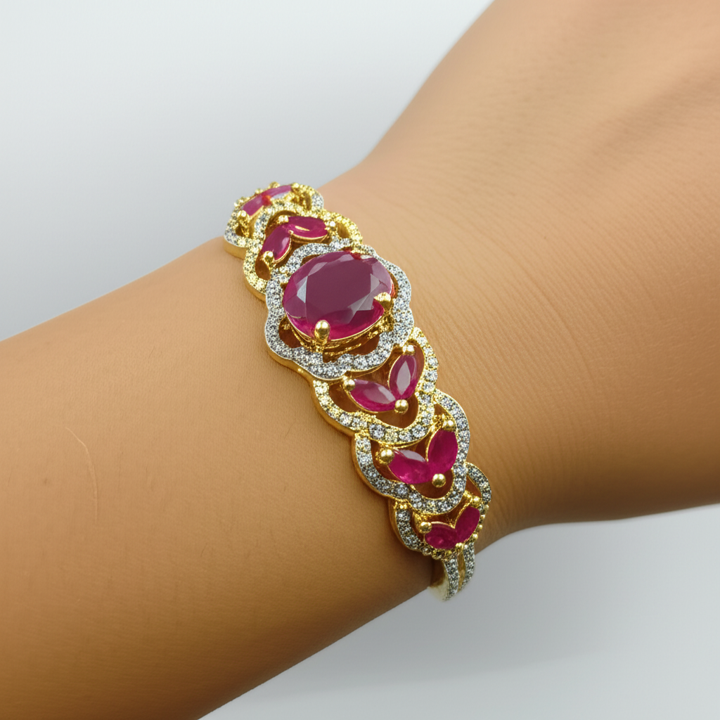 Elegant Gold Bracelet with Dark Pink Cubic Zirconia Stone – Versatile Party Wear