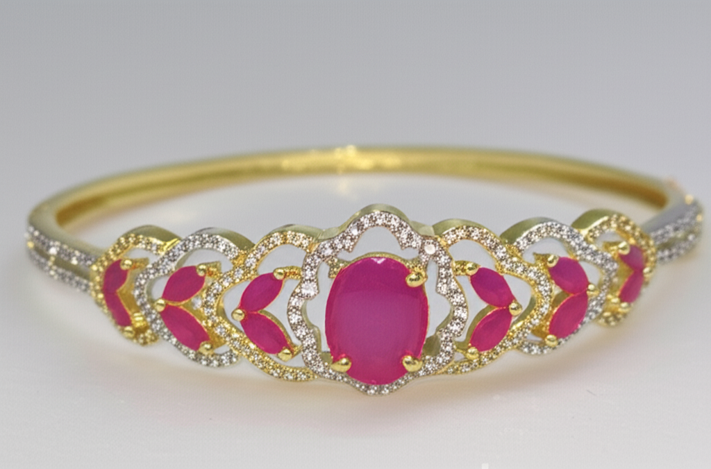 Elegant Gold Bracelet with Dark Pink Cubic Zirconia Stone – Versatile Party Wear