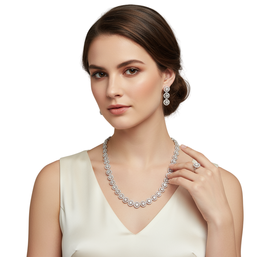 Elegant Silver Cubic Zirconia Half Set – Necklace, Earrings & Ring
