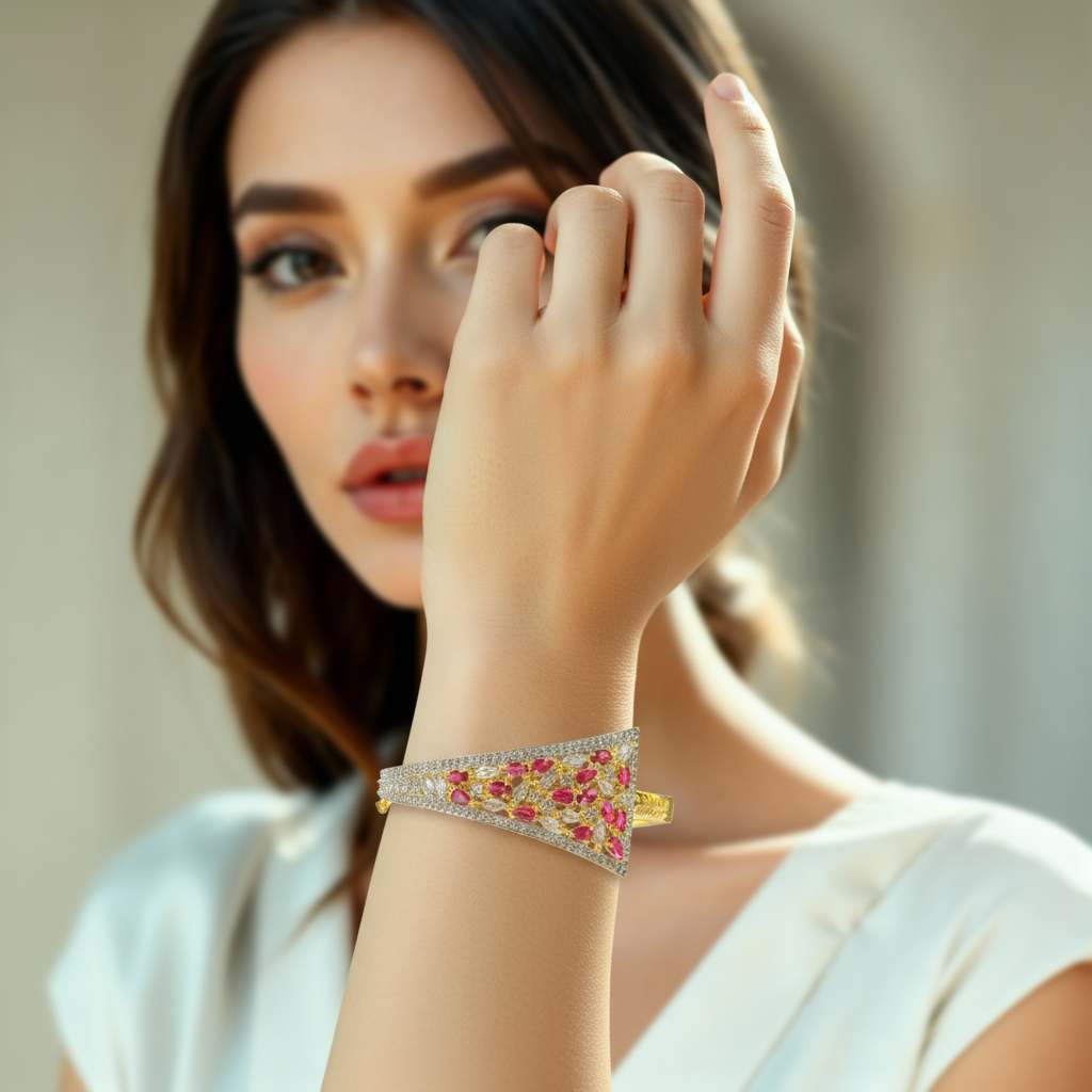 Exquisite Golden Bracelet with Red & Clear Cubic Zirconia Stones