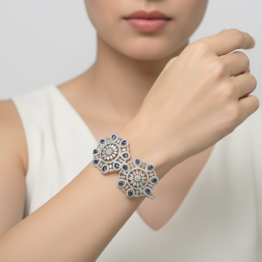 Elegant Blue Cubic Zirconia Double-Round Silver Bracelet