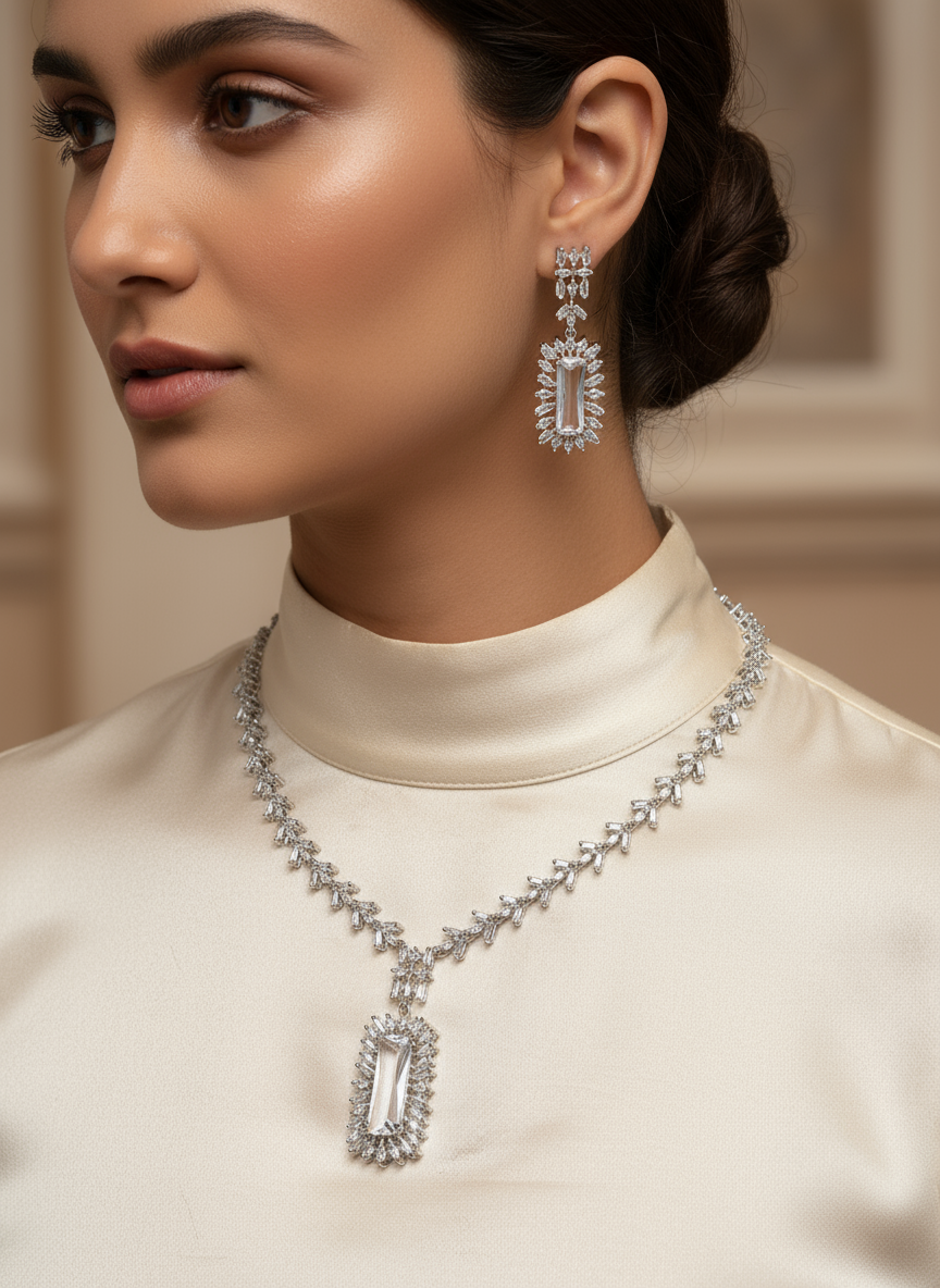 Elegant Cubic Zirconia Necklace & Earring Set – Timeless Party Collection
