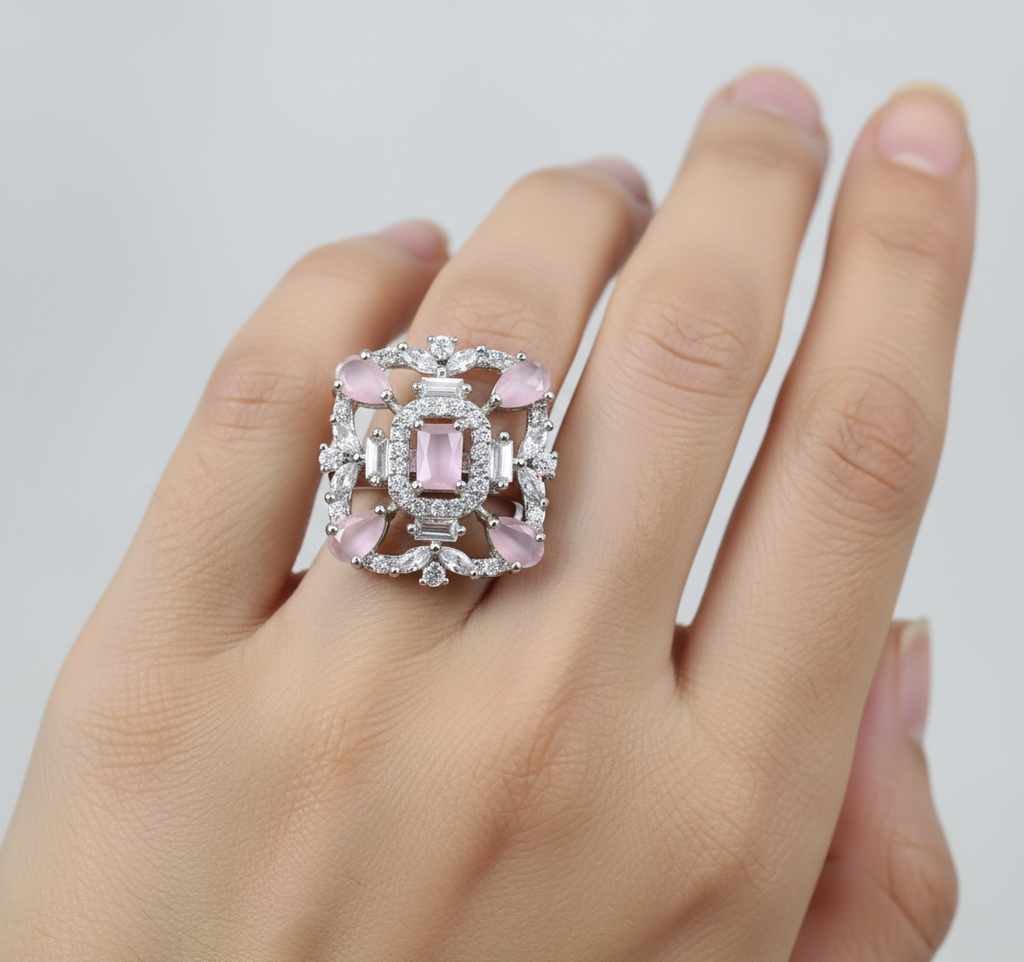 Square Pink Stone Silver Ring with Cubic Zirconia