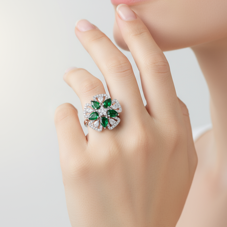 Elegant Green Cubic Zirconia Silver Ring