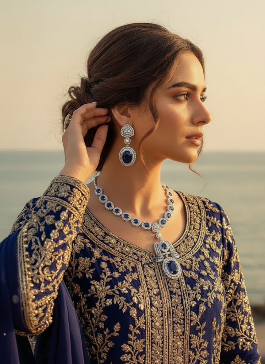 Exquisite Blue Cubic Zirconia Necklace Set – Luxury Party Collection