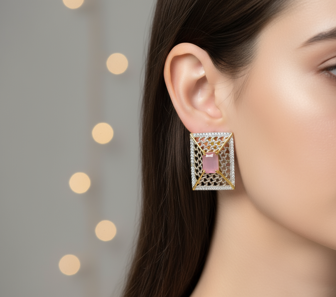 Elegant Dual-Tone Earrings with Pink Cubic Zirconia Stone