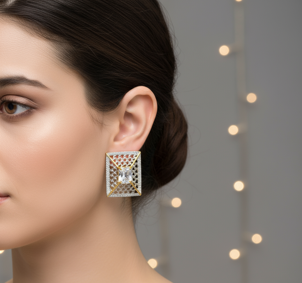 Elegant Dual-Tone Earrings with Clear Cubic Zirconia Stone