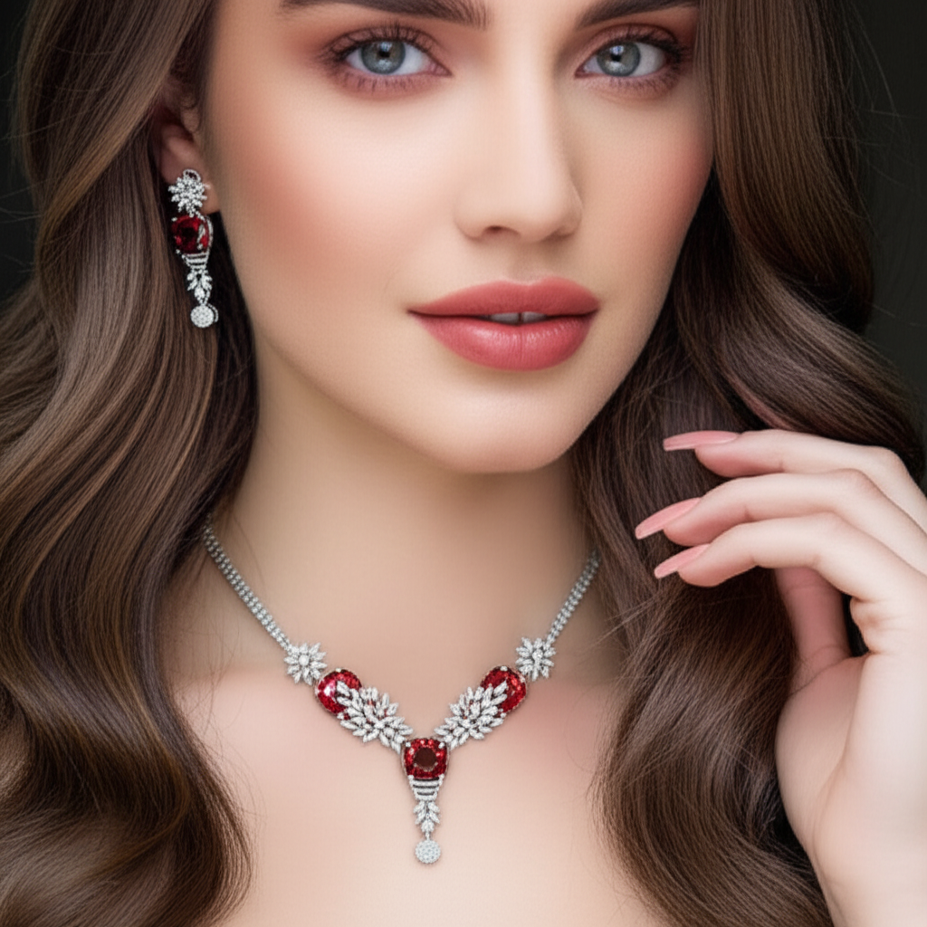 Elegant Red Lock Diamond Jewelry Set with Cubic Zirconia