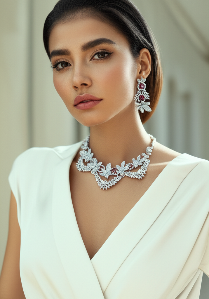 Exquisite Red Cubic Zirconia Petal Necklace – Elegant Wedding & Party Jewelry